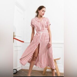 Pure Navy Red and White Striped Linen Midi Dress - Size 2